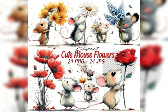 Download Whimsical Mouse &amp; Flower Clipart Set - Set Collection